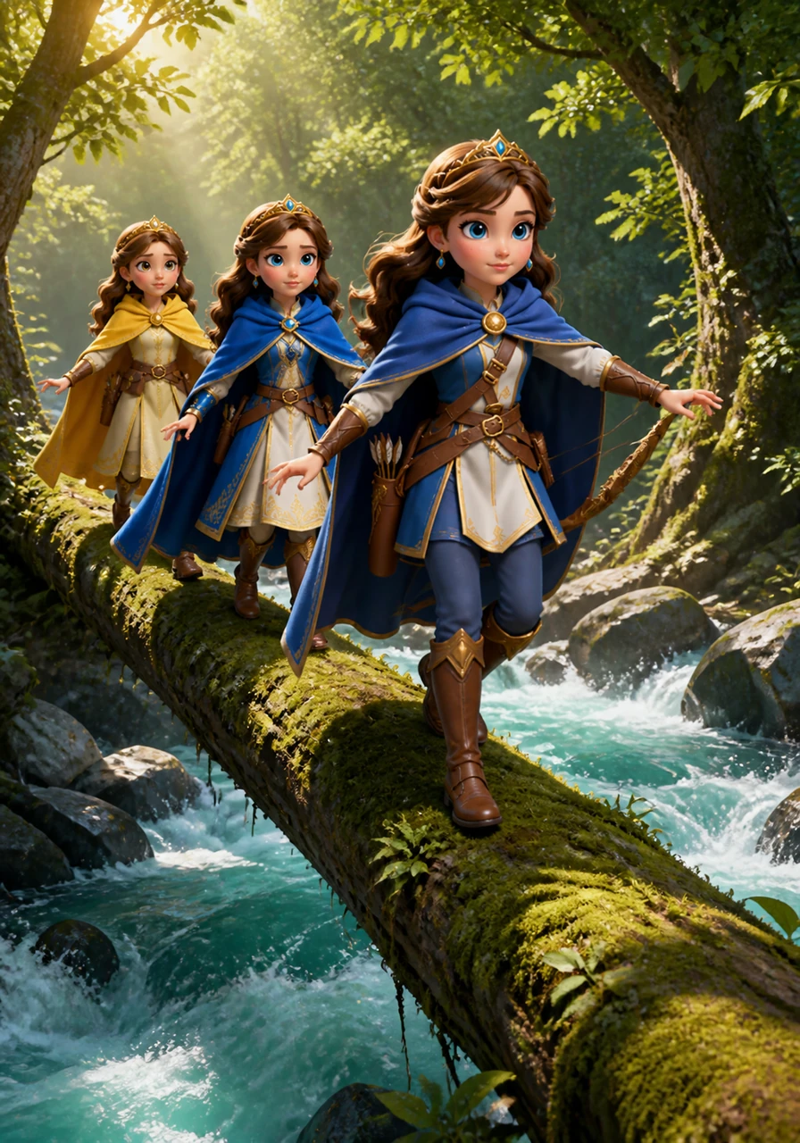 Aria leads her sisters across a rushing turquoise river by walking carefully over a massive fallen log covered in soft green moss. The water splashes white foam against the rocks below while the sun filters through the thick canopy of leaves above them.