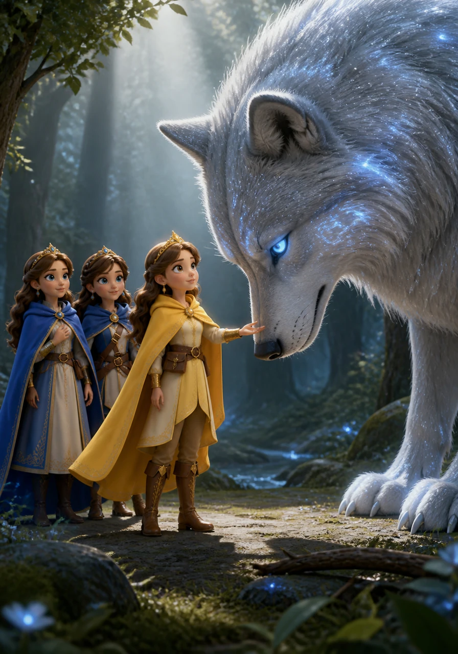 Lyra stands bravely in front of a giant, shimmering silver wolf with glowing blue eyes in a quiet forest clearing. She holds her hand out peacefully, and the magnificent creature bows its head in respect, allowing the princesses to pass safely through its territory.