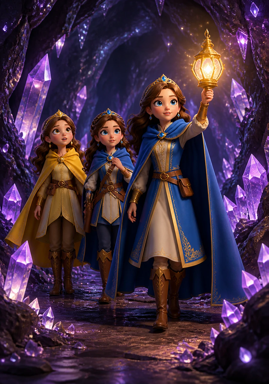 Elara holds a glowing magical lantern high as the sisters walk through a deep cavern filled with sparkling purple crystals. The light from her lantern reflects off the jagged cave walls, creating a thousand tiny stars that illuminate their path through the darkness.