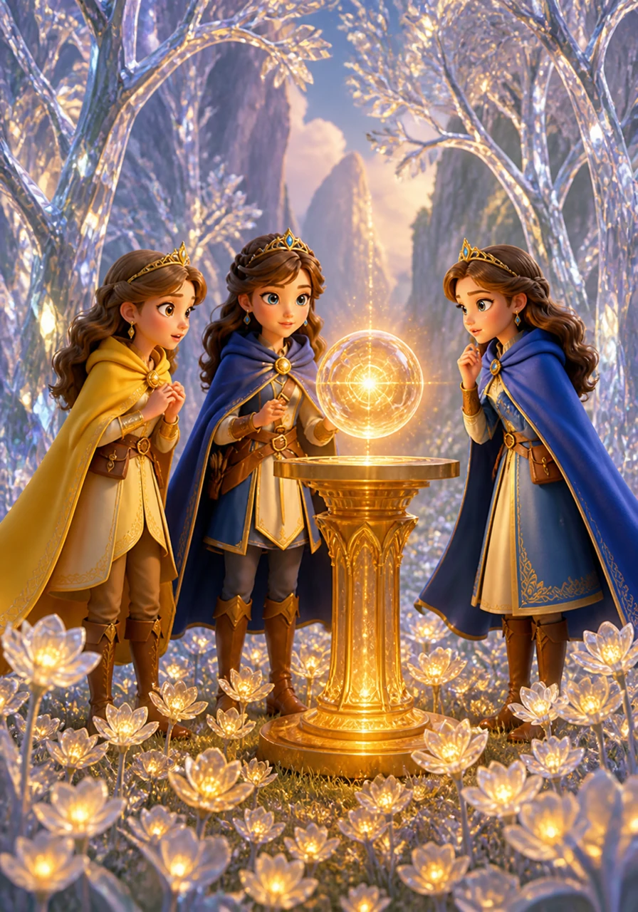 The sisters reach a hidden valley where the trees are made of clear glass and the ground is covered in soft, glowing flowers. In the center of the grove, a golden pedestal holds a floating crystal orb that pulses with a warm, golden light like a heartbeat.