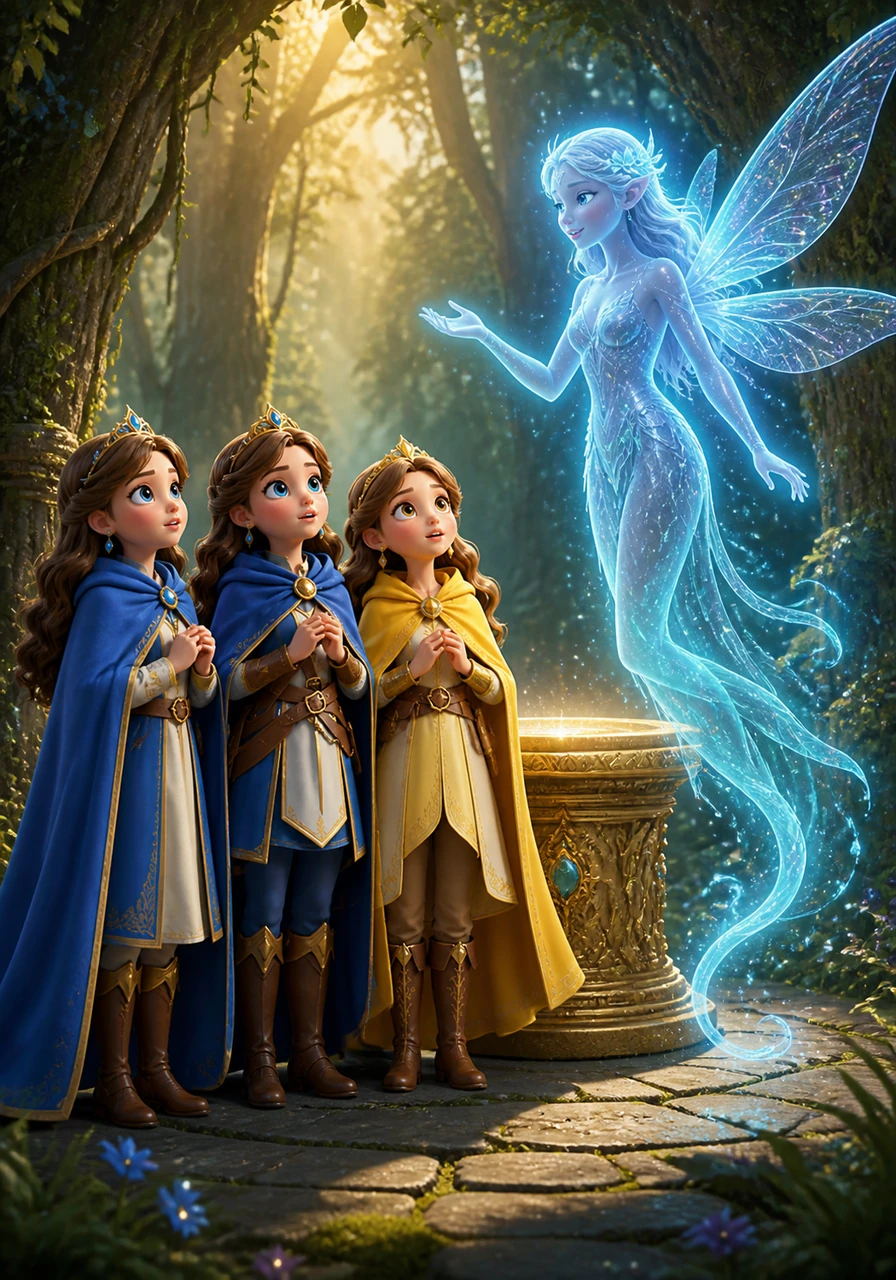 A shimmering, translucent forest spirit with wings like a dragonfly appears before the three princesses near the golden pedestal. The sisters stand close together, looking up at the spirit with expressions of awe as it asks them what they truly desire for their kingdom.