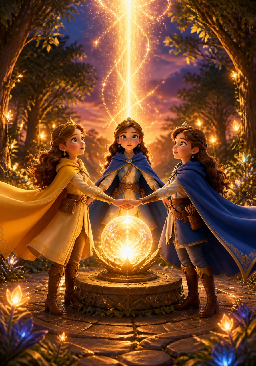 Aria, Lyra, and Elara join hands in a circle around the glowing crystal orb as a pillar of golden light shoots up into the twilight sky. Their cloaks flutter in a magical wind, and the entire grove begins to glow with a warm radiance that symbolizes their unity.
