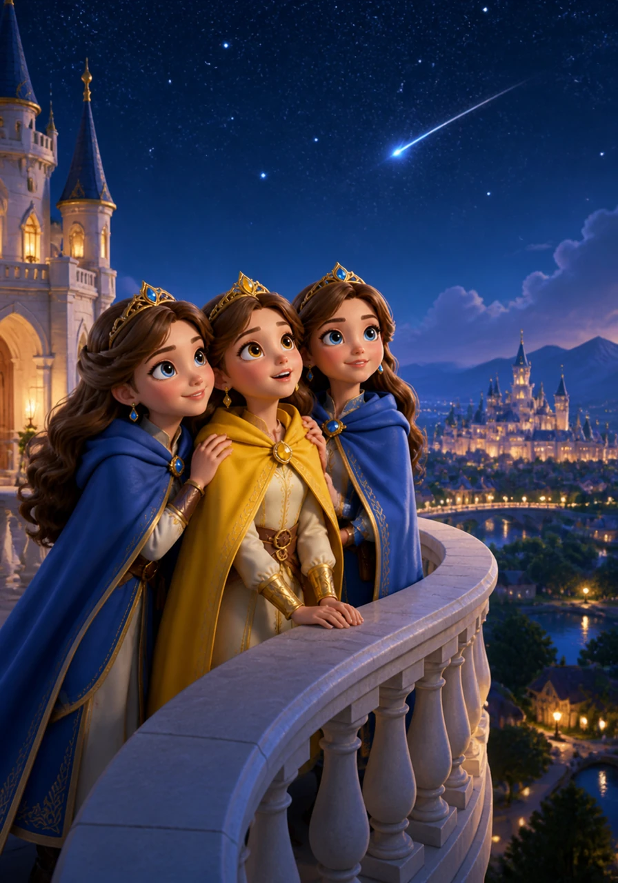 The three princesses stand on a high balcony of their white marble castle, looking out over a kingdom that is now vibrant and full of life. They lean against each other under a vast starry sky, watching a shooting star pass over their peaceful and happy home.