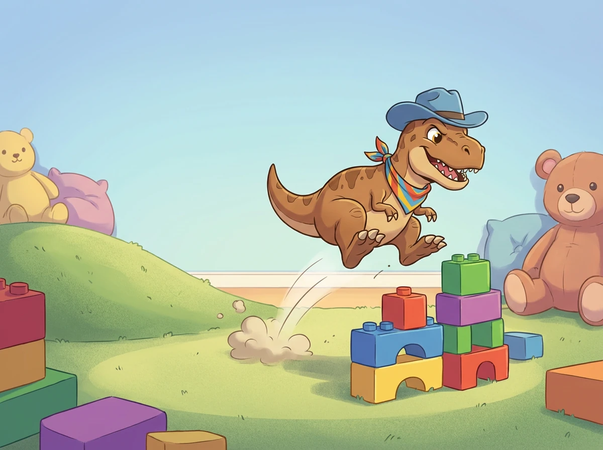 Suddenly, a flash of orange-brown caught Dexter's eye. A sleek Velociraptor, in a hunting pose, was hidden in the long grass and ferns. Dexter held his breath, carefully observing the predator's movements, a thrill of excitement mixed with caution.