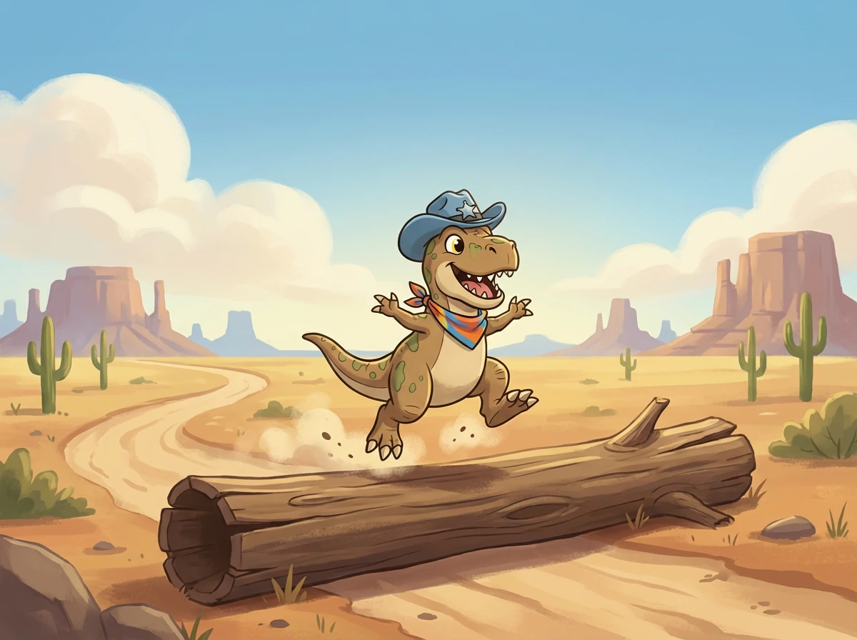 Finally, Dexter spotted a flock of three Gallimimus racing across a green valley. They leaped and bounded over a fallen log, their long legs carrying them swiftly. Dexter smiled, enjoying the playful energy of these quick-footed dinosaurs.