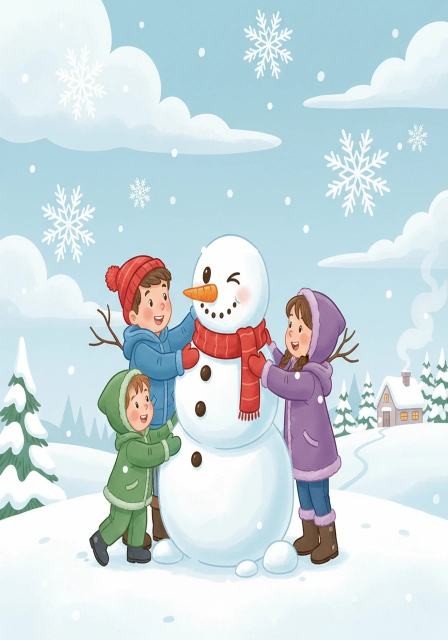 ![A scene depicting children building a snowman. Frosty is winking, and snowflakes are falling.]
