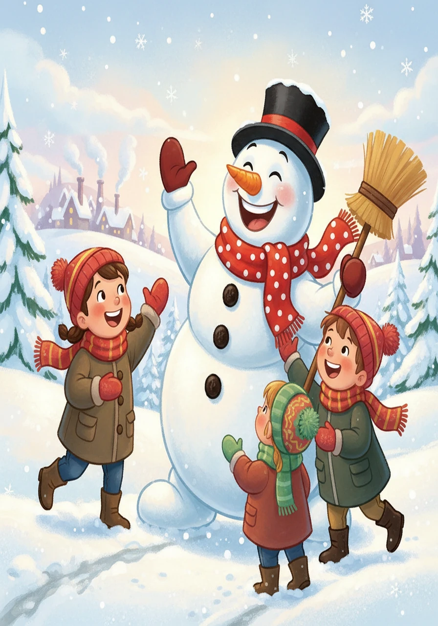 Frosty, with a cheerful grin, waved his twig arms and invited the children on an adventure. They giggled with excitement, their faces flushed with the cold air and the promise of fun. The children knew this would be a special day they would never forget.