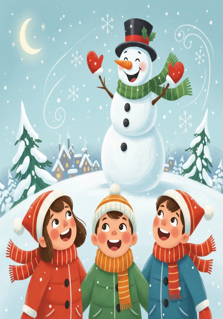 ![Children look up at the cheerful Frosty with excitement.]
