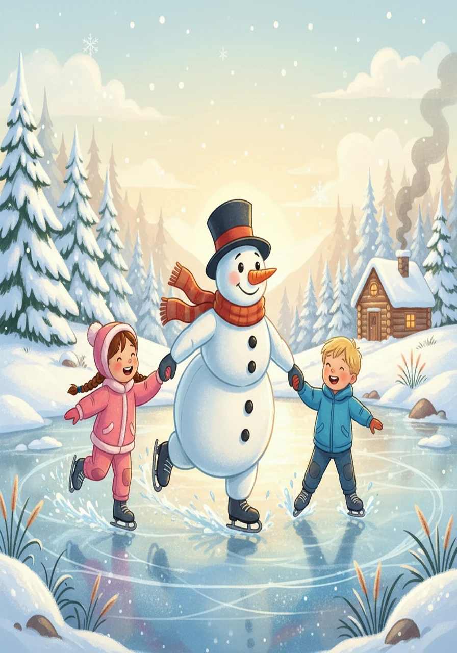 Frosty led them to a sparkling frozen lake where they learned to ice skate. The children wobbled and laughed as they glided across the ice. Frosty, a natural skater, helped them as they learned.