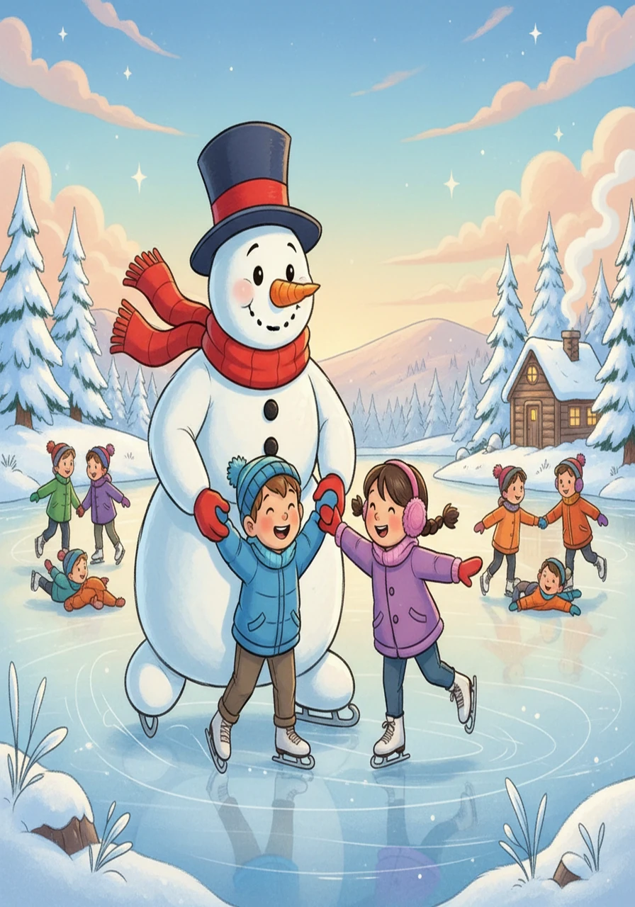 ![Children ice skating on a frozen lake with Frosty helping them.]