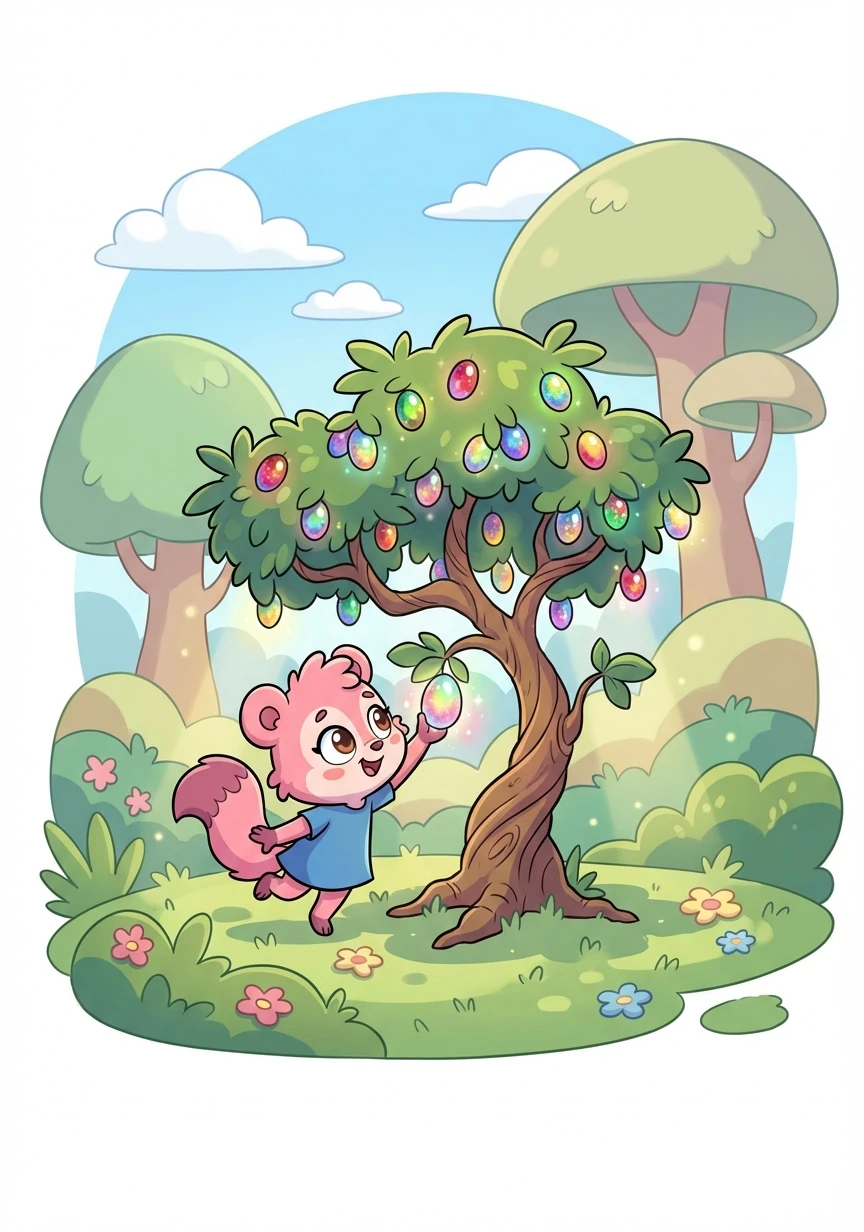 Wandering away from her duties, Sparkle stumbled upon a hidden grove. In the center stood a peculiar tree, laden with shimmering, multicolored fruit.