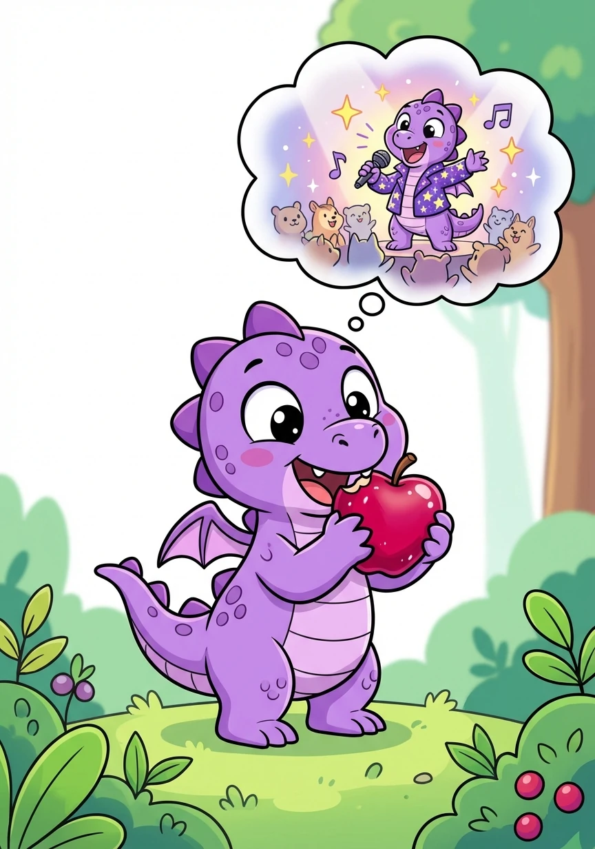 Curiosity piqued, Sparkle plucked a ruby-red fruit. As she nibbled, she saw a vision of herself as a famous rockstar dragon, adored by millions.