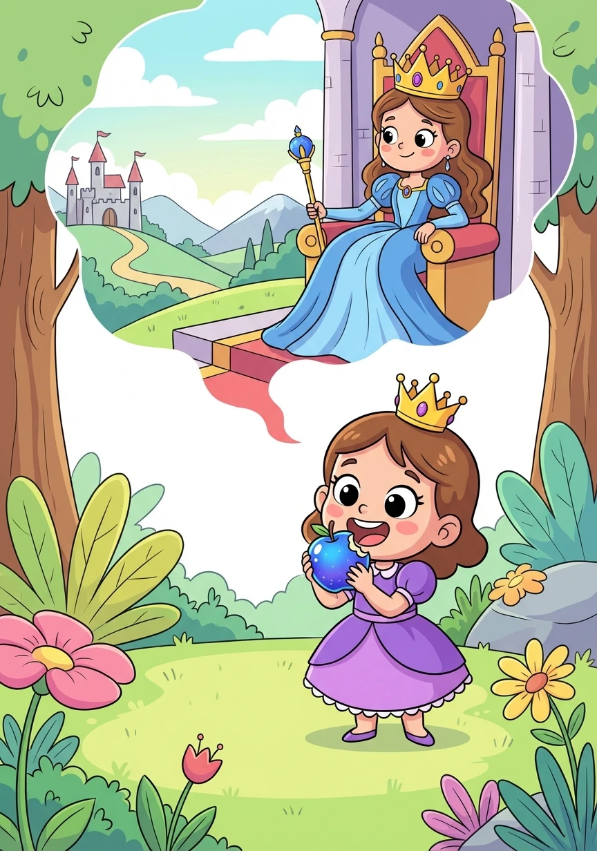 Next, she tasted a sapphire-blue fruit. This time, she saw herself as a powerful queen, ruling a vast kingdom with an iron fist.