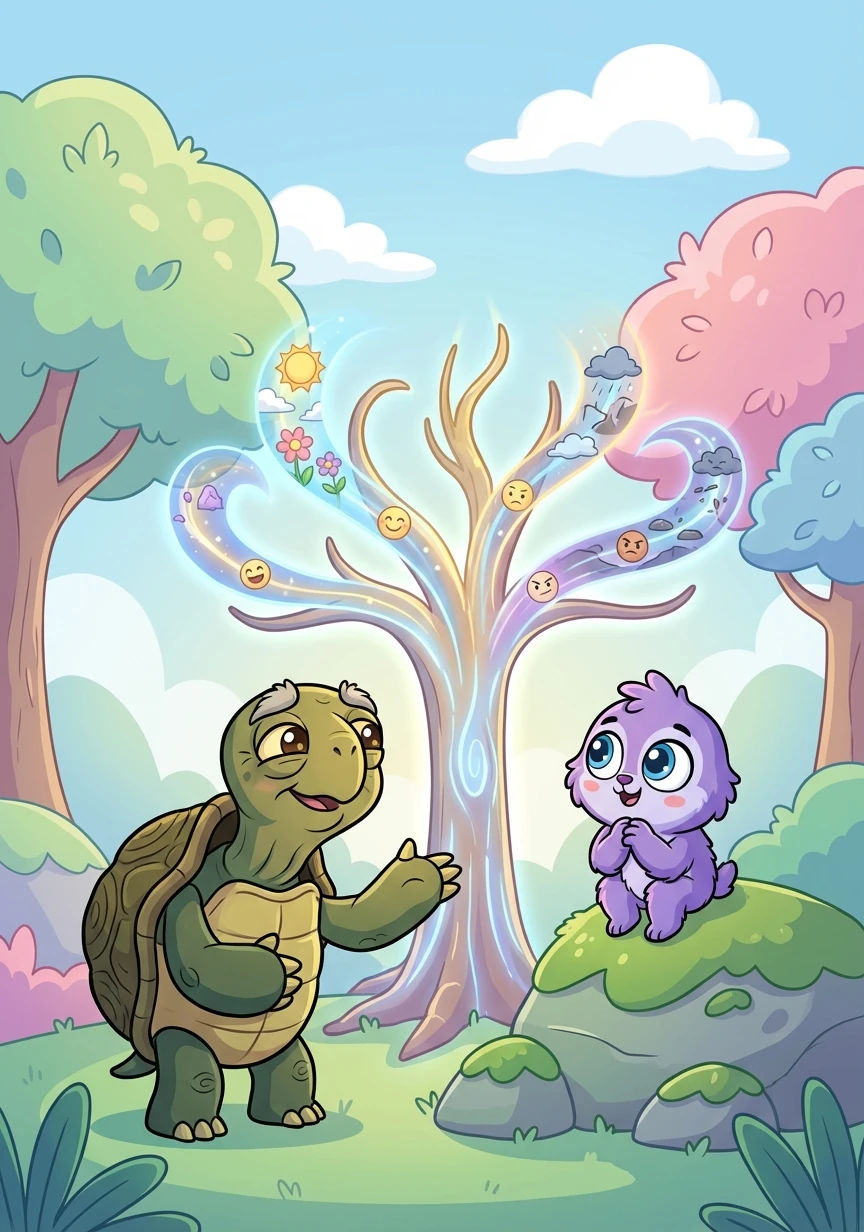 Suddenly, a wise old tortoise appeared. He explained that the tree showed potential futures, not guarantees, and that every path had both good and bad.