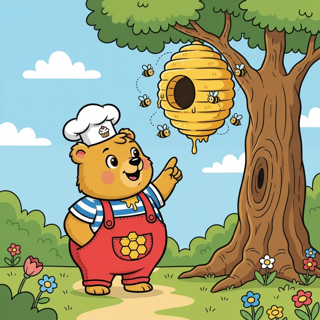 He lumbered through the forest, following the sweet smell. It led him to a big, buzzing beehive nestled high in a tree. Barnaby gazed up with hopeful eyes.