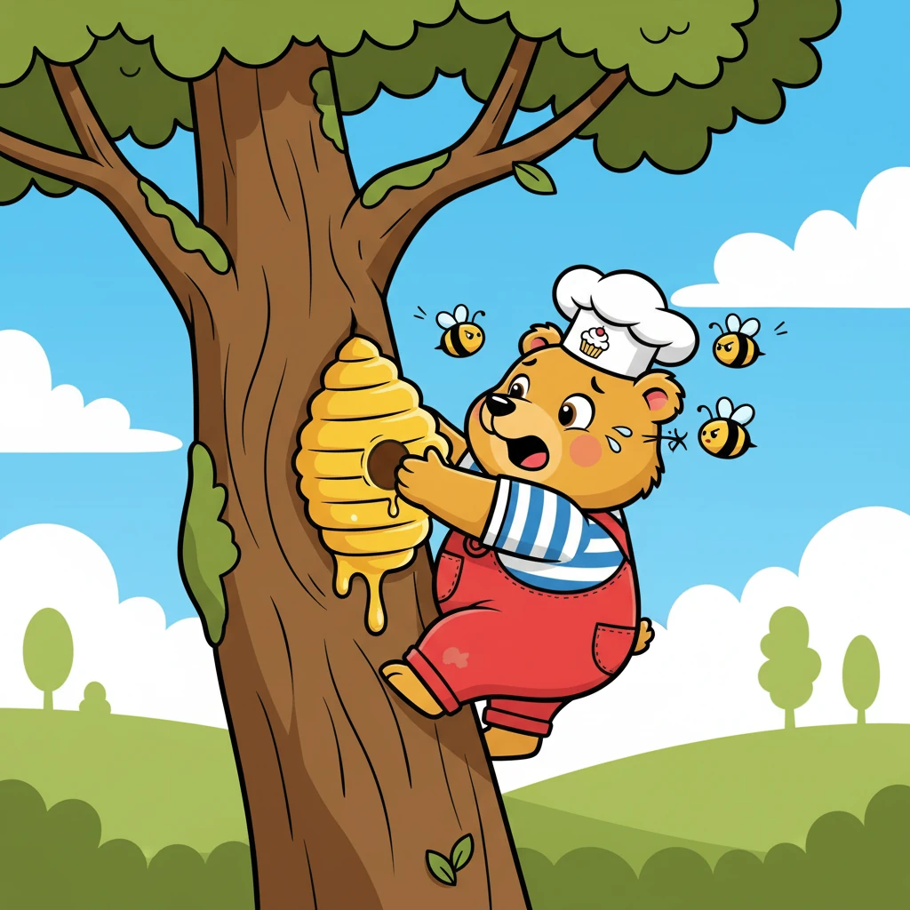 Carefully, Barnaby began to climb. He reached for the honeycomb, his paws clumsy. Suddenly, a few angry bees zoomed out and gave him a tiny sting!
