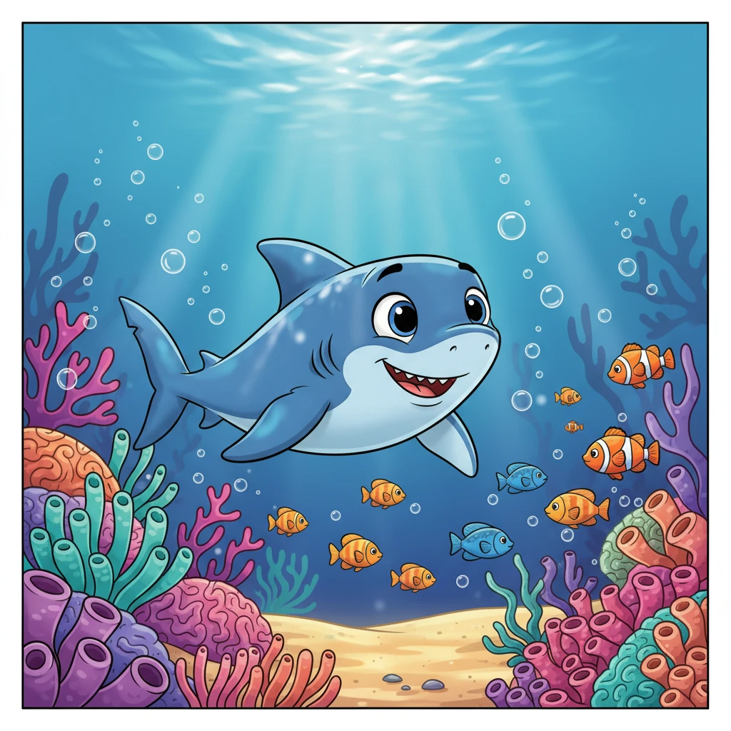 Finley, a small, bright blue shark with wide, curious eyes, glides gracefully through a vibrant coral reef. He watches schools of colorful fish darting around, dreaming of the bigger world beyond his cozy home. The water sparkles around him, full of playful bubbles.