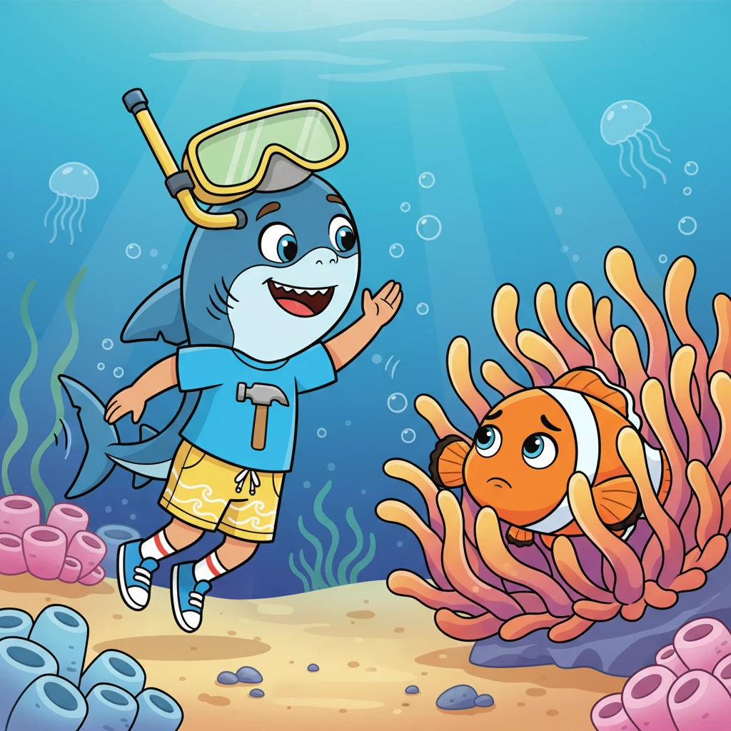 Finley waves a tiny fin goodbye to his best friend, Pip, a striped clownfish peeking out from an anemone. "I'm off to explore!" Finley chirps, his tail fin wiggling with excitement. Pip looks a little sad but gives a brave little fin wave back.