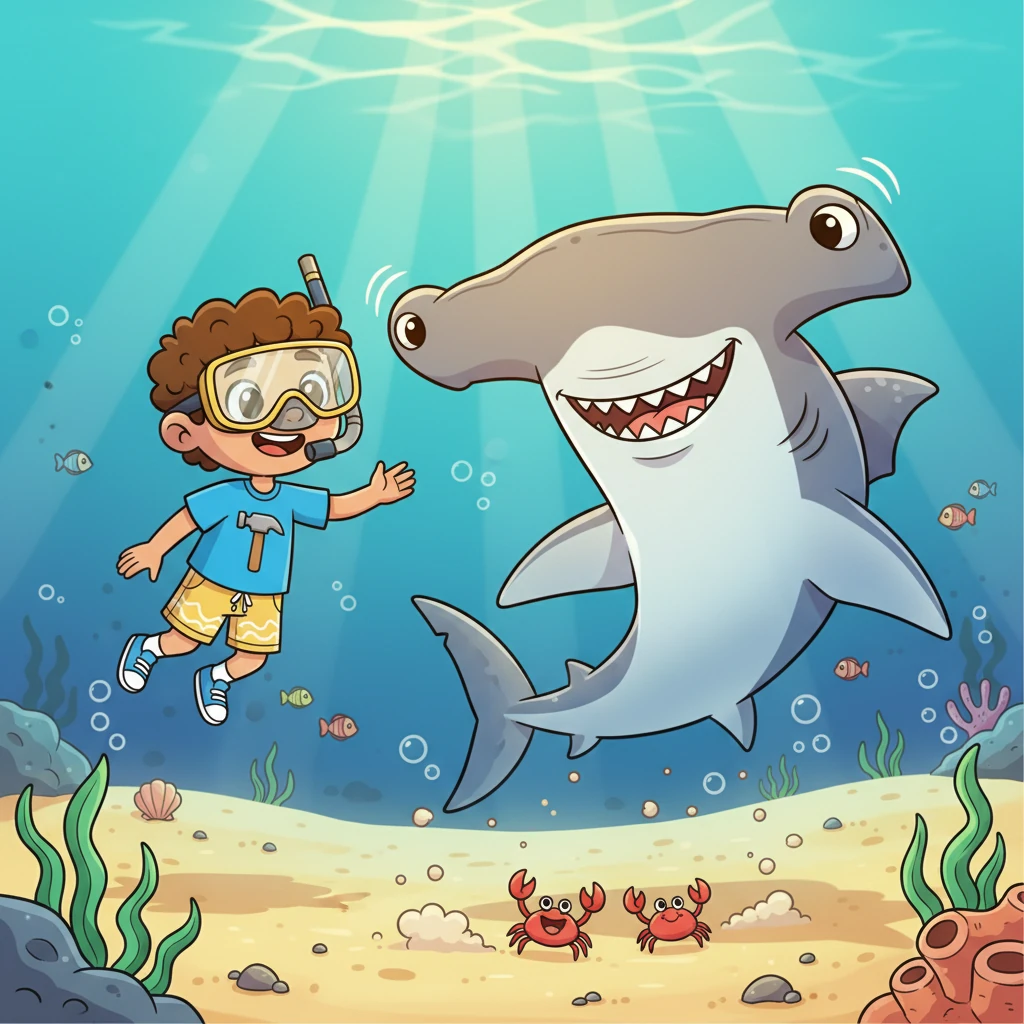 Finley encounters a magnificent Hammerhead Shark, its unique head shape clearly visible, in a sun-drenched, sandy area. The Hammerhead, with a friendly grin, explains how its wide head helps it find hidden snacks on the seafloor. Little crabs scuttle away playfully in the sand.