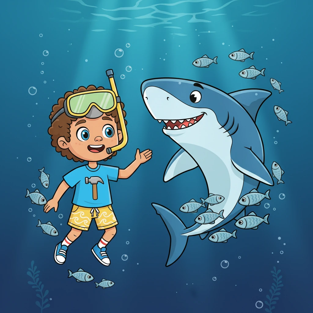 Deeper in the vast, open ocean, Finley meets a powerful Great White Shark, who looks surprisingly gentle. The Great White explains that even though they're big, not all sharks have to swim constantly to breathe, and some can even take naps! Smaller, silvery fish swim peacefully nearby.