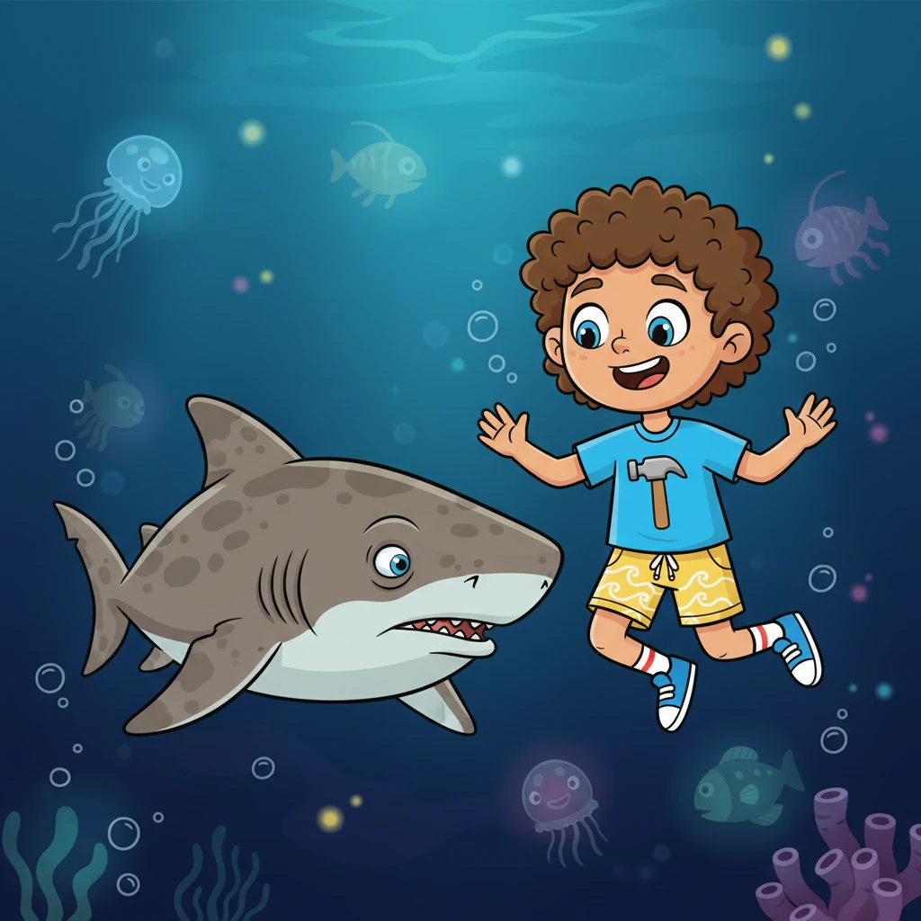 Finley shivers playfully as he ventures into the chilly, deep waters, where he spots an ancient-looking Greenland Shark. The Greenland Shark, moving slowly, tells Finley about its incredibly long life, often living for hundreds of years, making it the longest-living vertebrate. Mysterious, deep-sea creatures drift in the background.