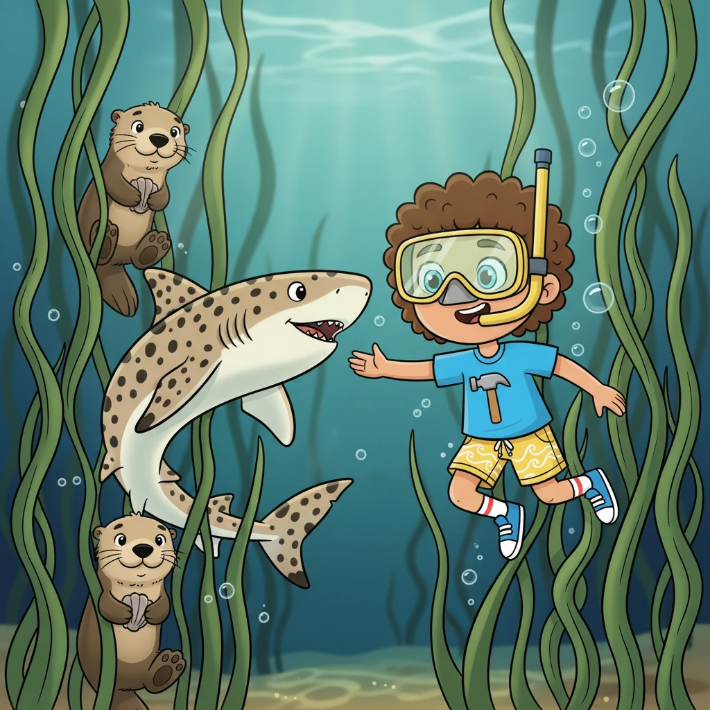 Swimming through a swaying kelp forest, Finley finds a beautifully spotted Leopard Shark camouflaged among the green fronds. The Leopard Shark, with its elegant patterns, explains it loves to hunt for small critters in shallow, sandy areas near the coast. Playful sea otters peek from the kelp.