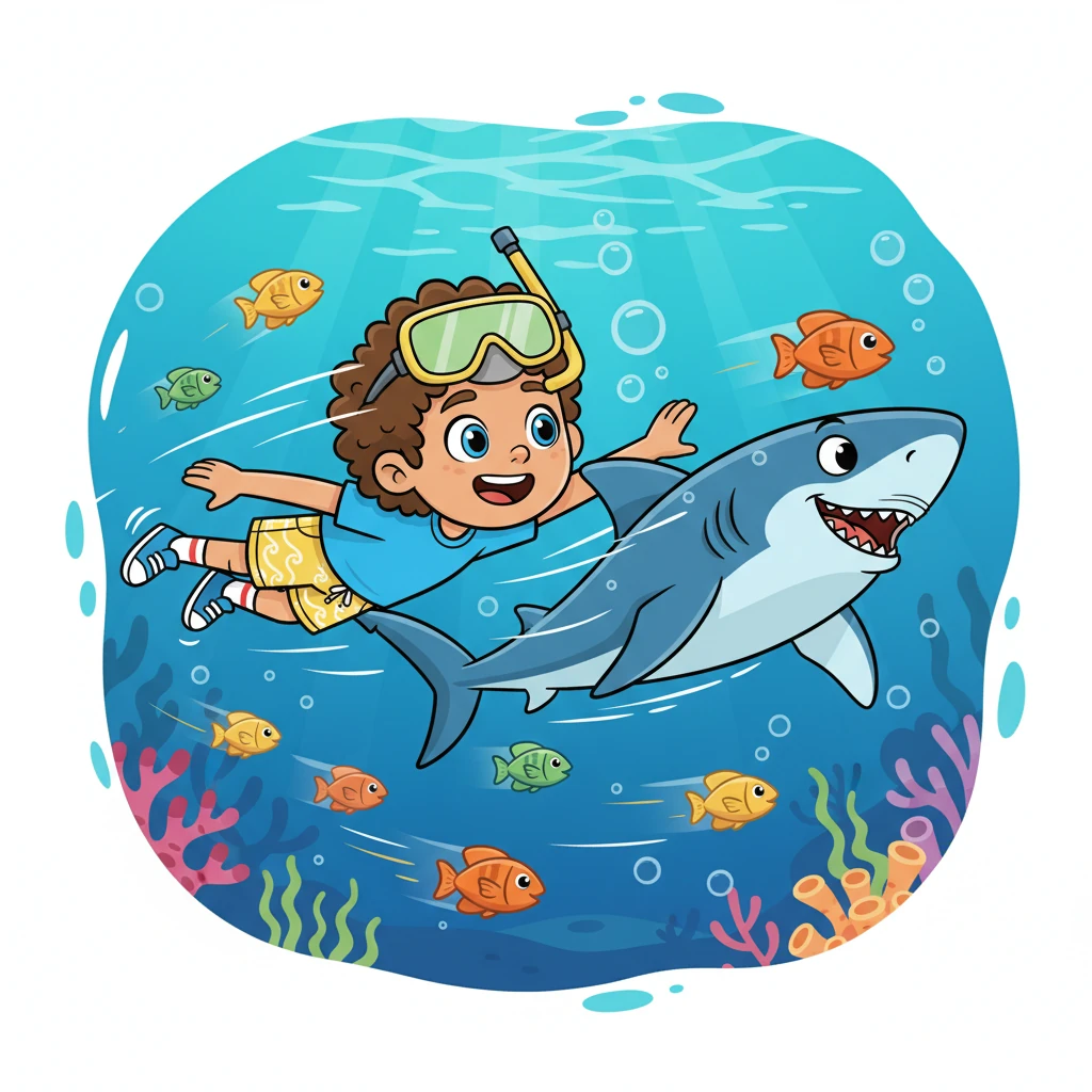 Finley races alongside a super-speedy Mako Shark in the clear, blue currents. The Mako Shark, with its sleek, torpedo-like body, boasts about its incredible swiftness and how some sharks can even be warm-blooded, just like us! Little fish blur past them.