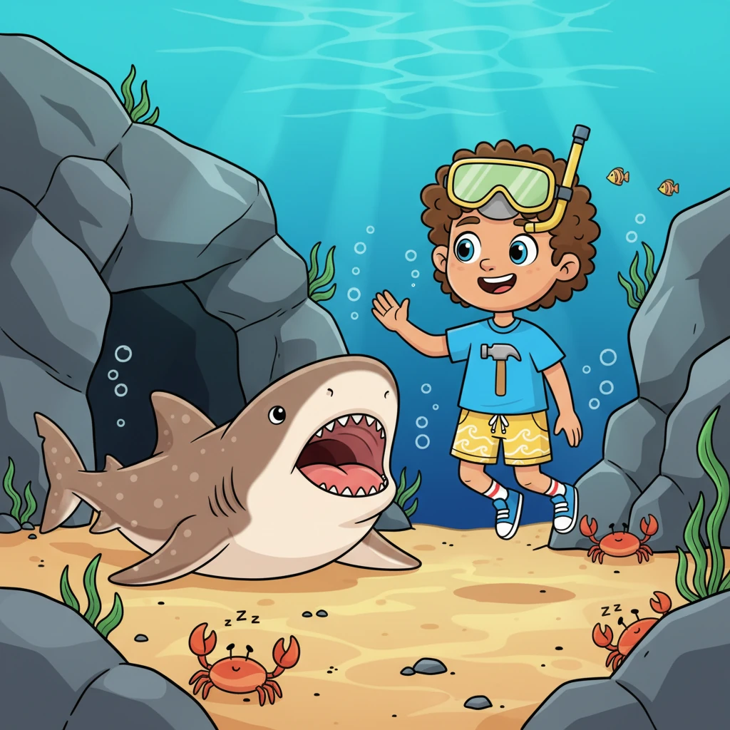Finley politely greets a calm Nurse Shark resting peacefully on the seafloor near some rocky caves. The Nurse Shark yawns widely, explaining that it can pump water over its gills without swimming, allowing it to relax and nap on the bottom. Small, sleepy crabs are near the rocks.