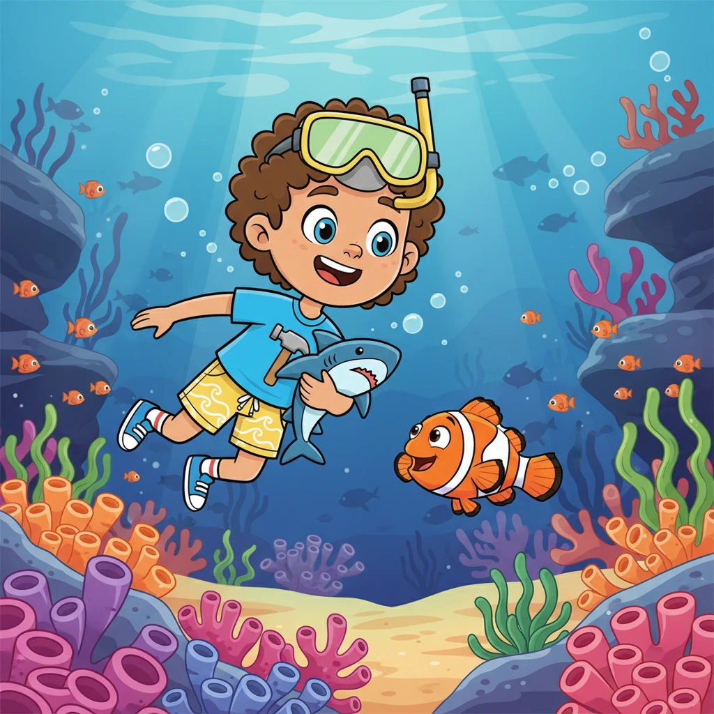 Full of exciting stories, Finley zips back to his colorful coral reef home. Pip, his clownfish friend, eagerly greets him, ready to hear all about the amazing sharks Finley met. Finley's face is beaming with joy and accomplishment.