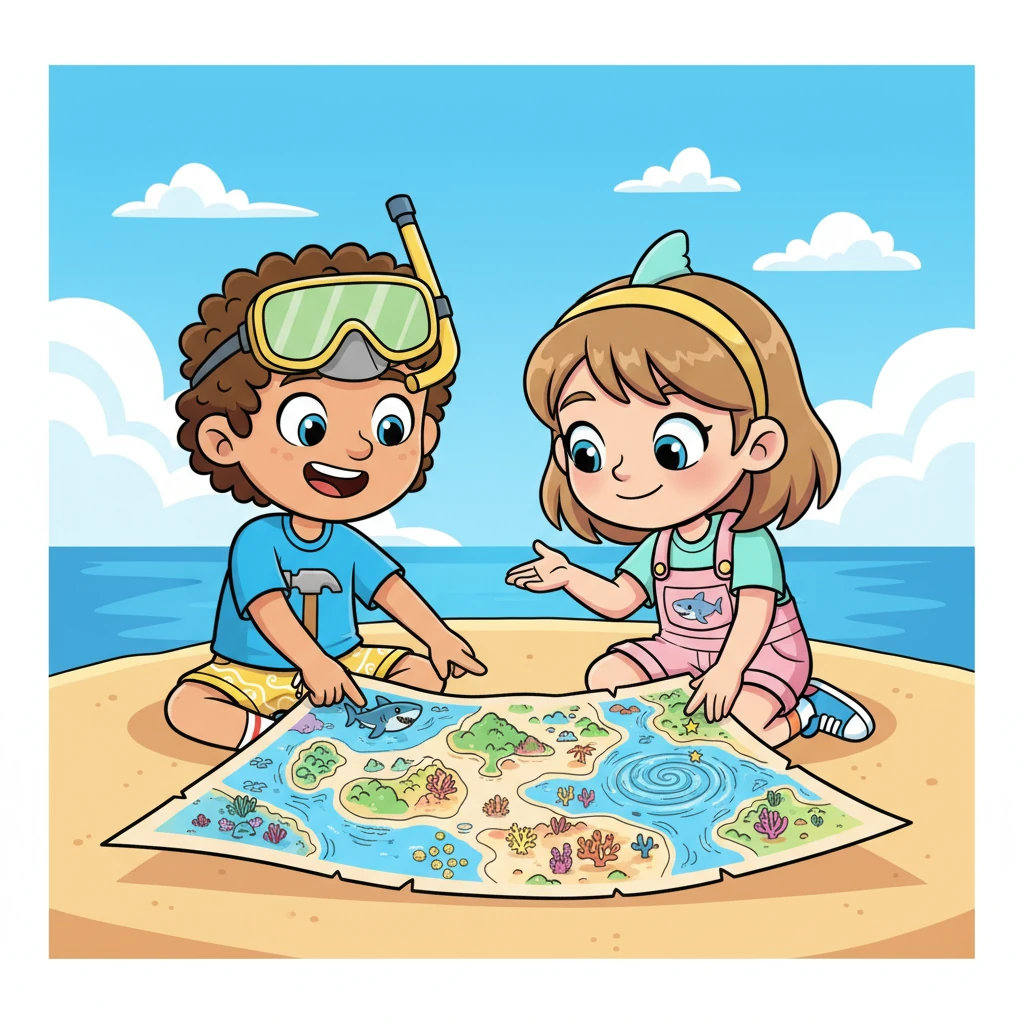 Finley and Pip pore over a whimsical, hand-drawn map of the ocean, pointing to different regions where Finley met his shark friends. The map is dotted with tiny, cartoon representations of each shark, and Finley proudly recounts his adventures. They dream of future explorations.