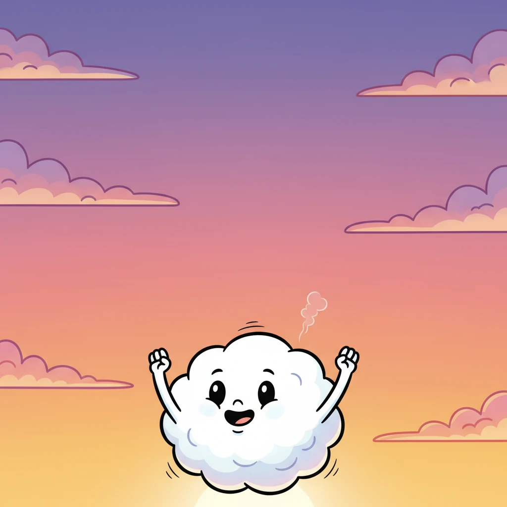 As the sun dipped below the horizon, painting the sky in fiery oranges and soft pinks, a small, fluffy cloud cub named Nimbus began to stir. He stretched his wispy arms and let out a tiny, happy puff, ready for his nightly adventure.