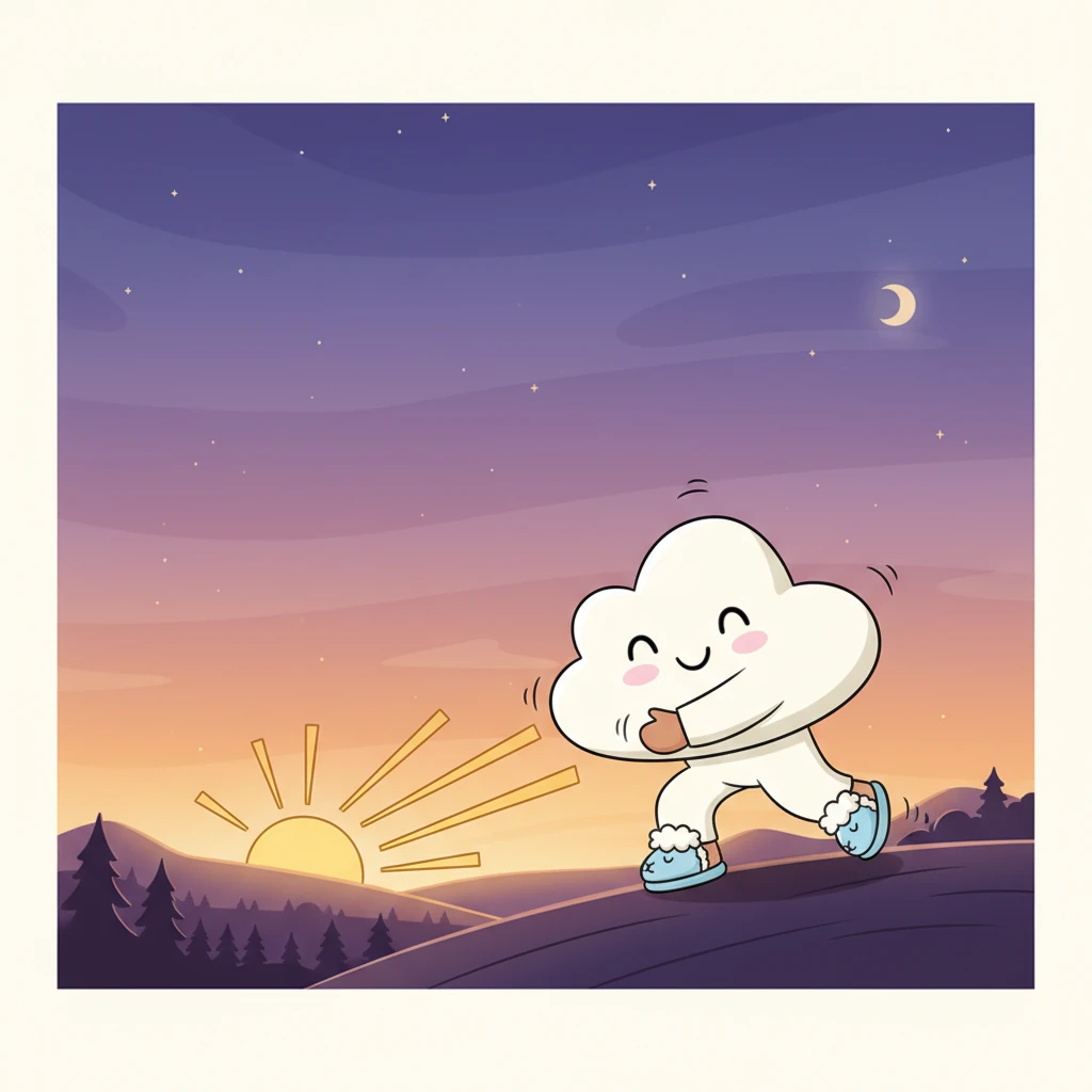 Nimbus gently nudged the last golden sunbeams, helping them tuck themselves away for the night. With each soft push, the sky transformed into a canvas of deep purples and blues, signaling the arrival of twilight.