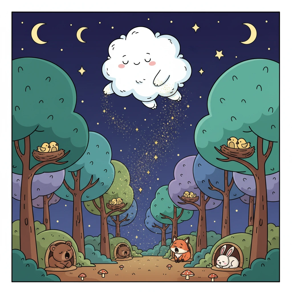 Floating gracefully over the sleepy forest, Nimbus sprinkled shimmering stardust from his fluffy paws. The animals below yawned wide, snuggling into their cozy nests and burrows, feeling the gentle pull of sleep.