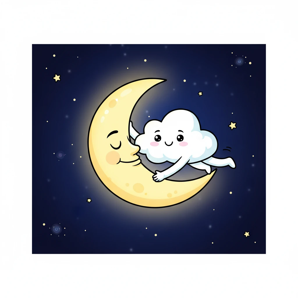 Next, Nimbus soared high, high up to meet the friendly Moon. With a joyful little push, he helped the big, round Moon climb higher into the inky sky, making it glow with a soft, comforting light.