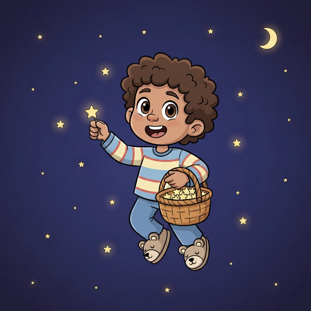 Then came his favorite part: gathering the twinkling stars! Nimbus carefully plucked each tiny star from a magical basket and placed them perfectly across the vast, dark canvas, making the night sky sparkle like a million diamonds.