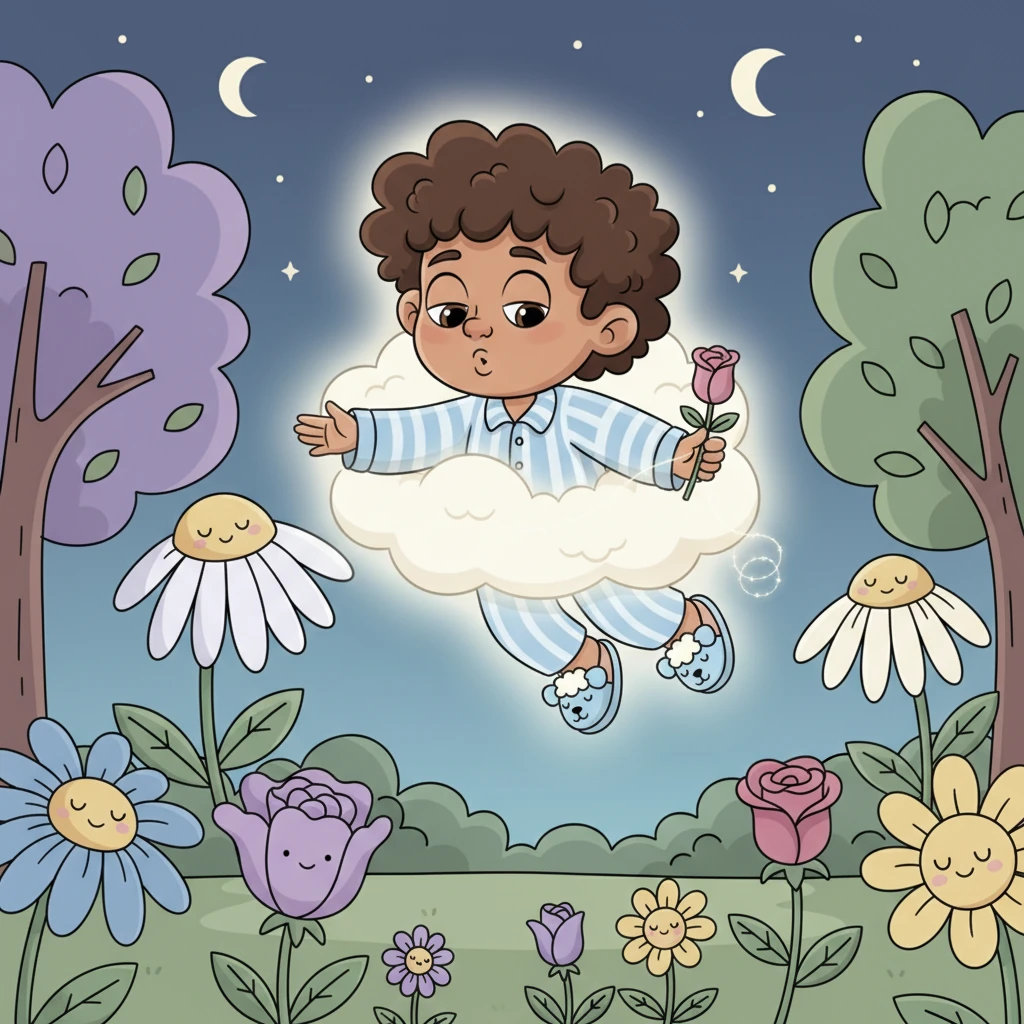 He drifted low over the quiet fields and gardens, whispering soft lullabies to the sleeping flowers and trees. "Hush, little blossoms, rest your petals," he hummed, ensuring every leaf and bud felt safe and sound.