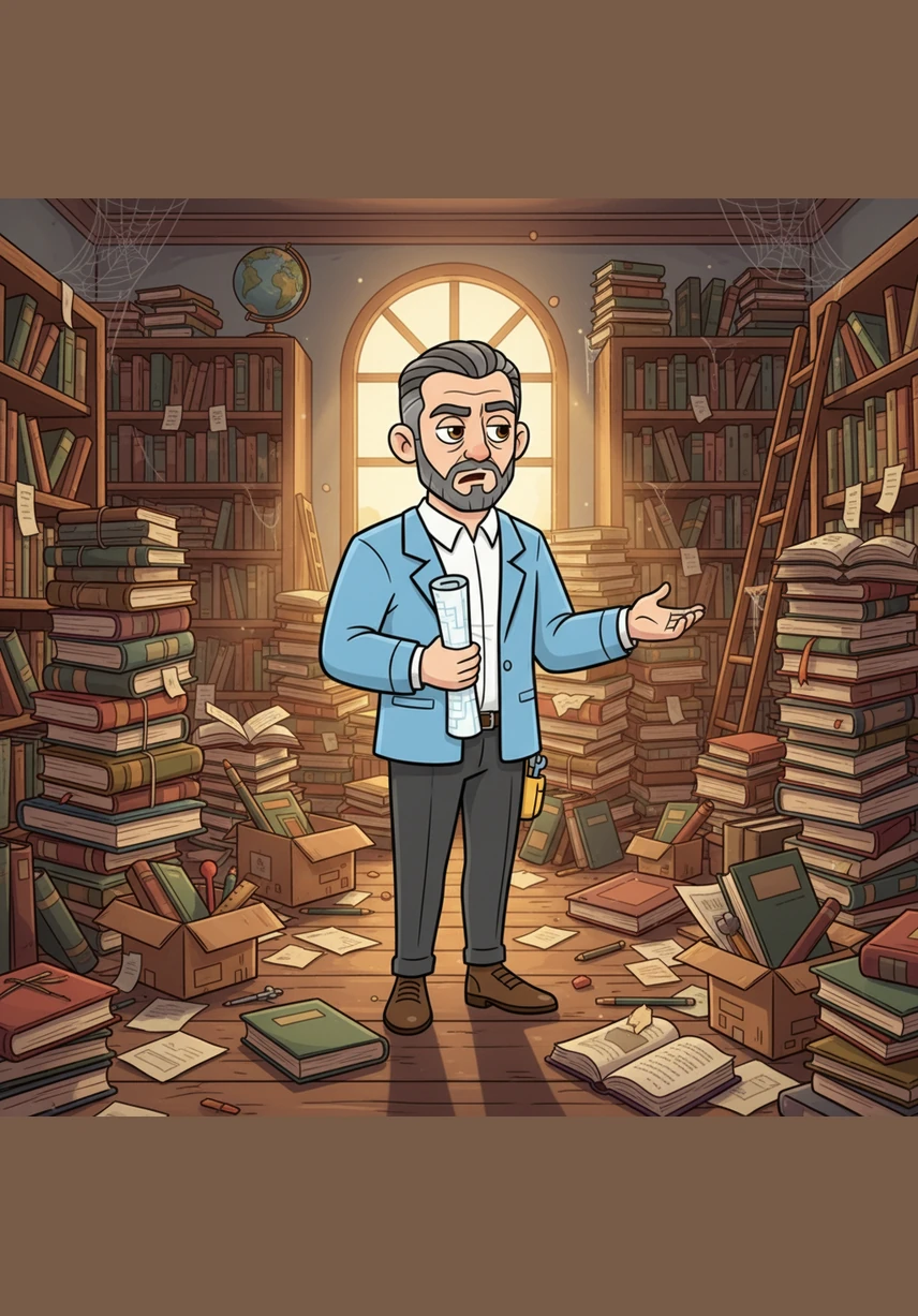 Leo the Architect stands before a messy, disorganized library where books are piling up on the floor. He realizes the town needs a magical digital system to track every story ever written and starts planning his vision.