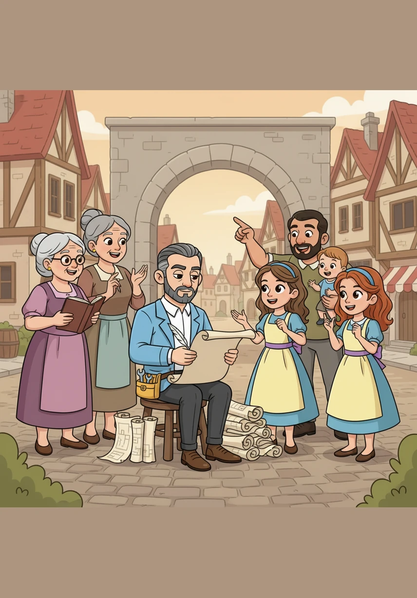 Leo sits with the townspeople, listening intently as they describe their dream library. He takes notes on large scrolls, capturing every requirement from search speeds to how the books should be categorized.