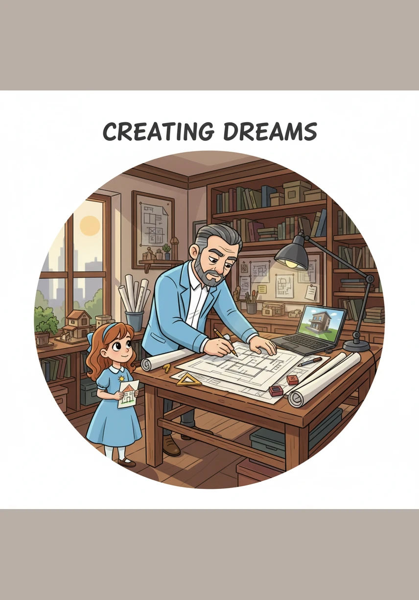 In his workshop, Leo draws detailed blueprints of a glowing crystal core connected to floating bookshelves. He meticulously designs the architecture, planning how information will flow through the library's veins.