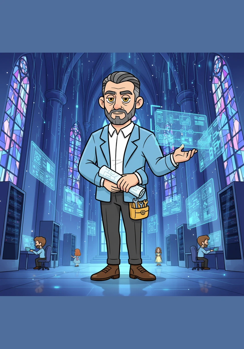 Leo begins to build the system, using glowing cubes of light to construct the digital walls. He carefully places each line of code like a brick in a grand cathedral, bringing the blueprints to life.