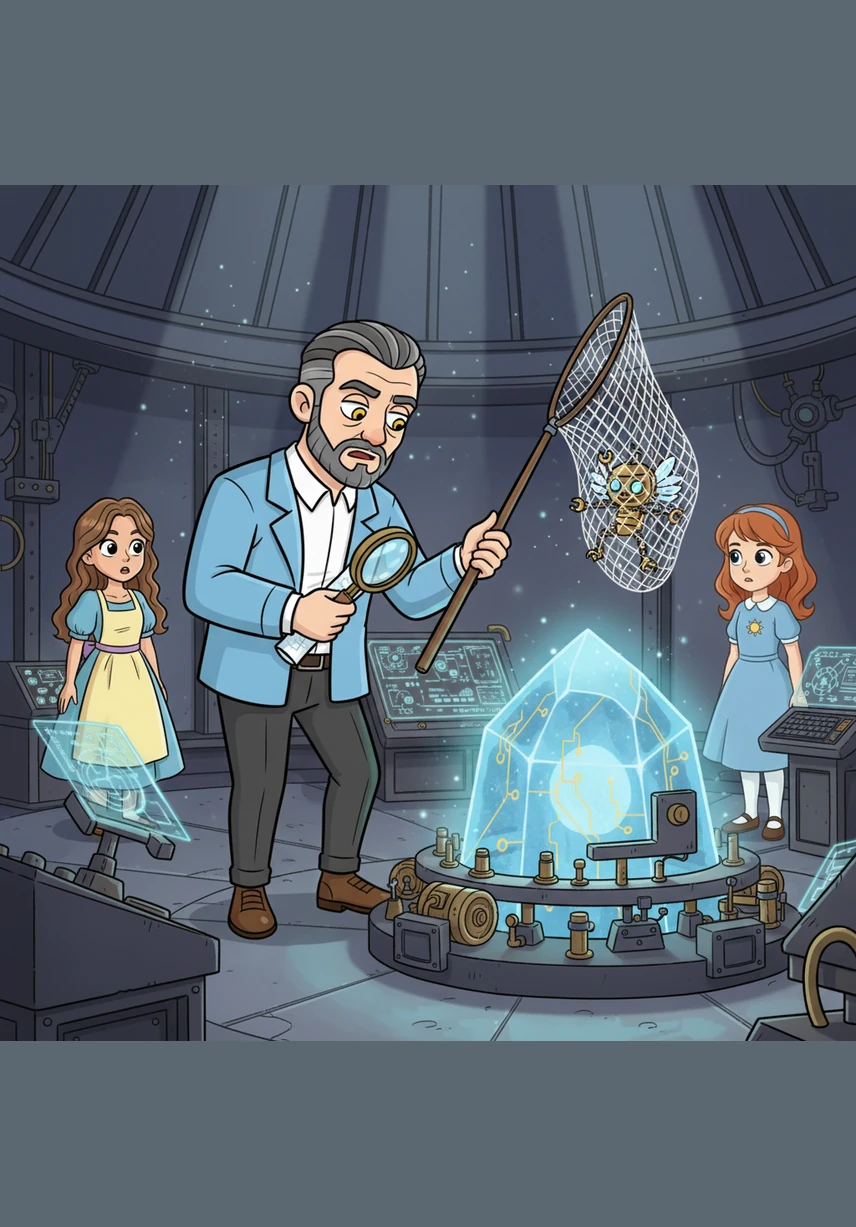 A mischievous mechanical sprite tries to disrupt the system, but Leo catches it with a net. He checks every corner of the crystal core to ensure there are no hidden errors or cracks before the big launch.