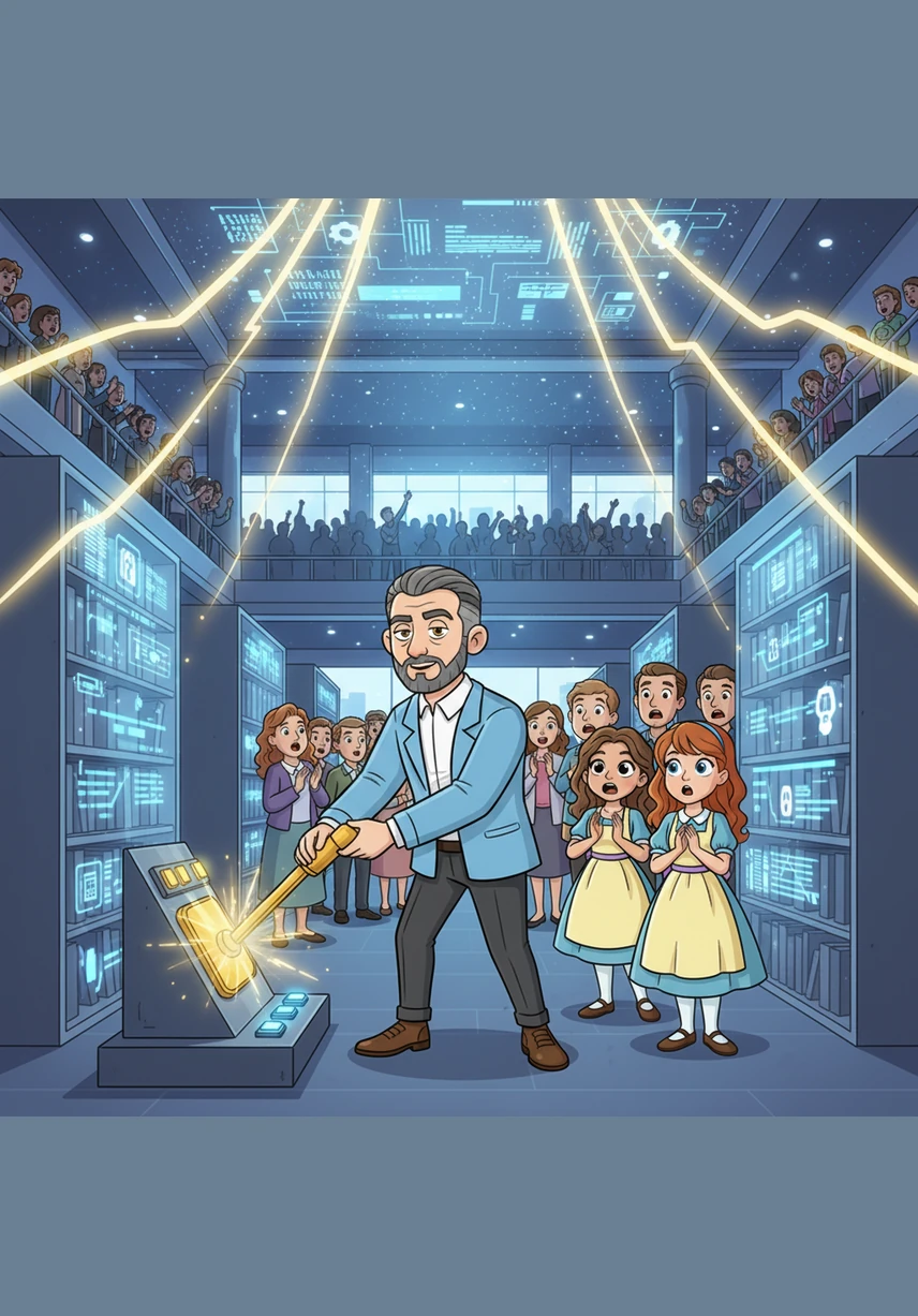 The grand opening arrives as Leo pulls a golden lever, lighting up the entire library with a brilliant hum. The townspeople watch in awe as the digital shelves activate and the system goes live for the first time.