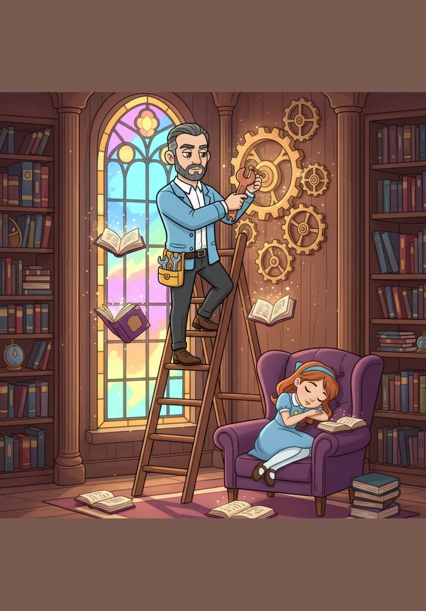 As time passes, Leo walks through the library with a small toolkit, polishing the glowing crystals. He fixes a flickering light and ensures the system remains smooth and fast for every visitor.