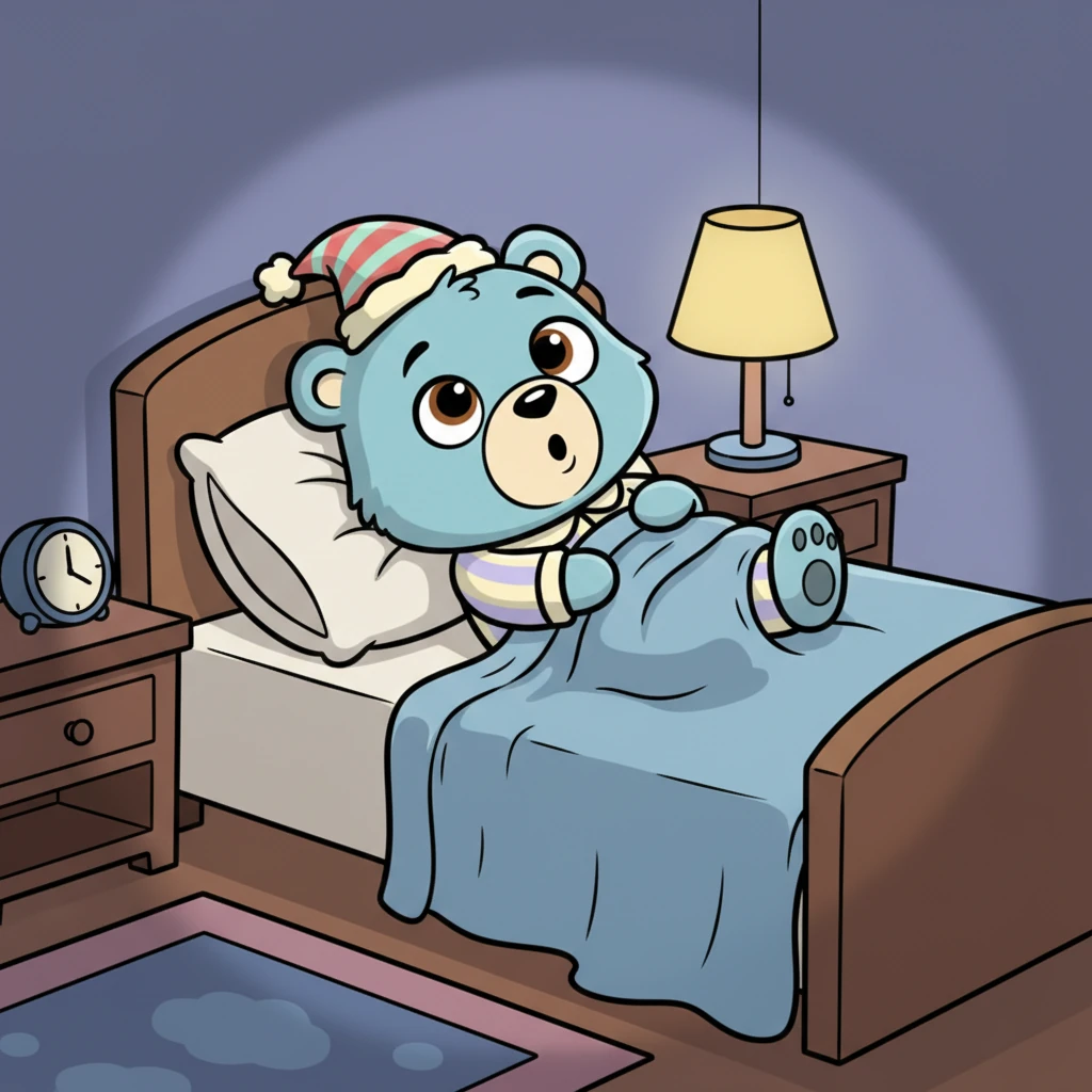 Barnaby the bear cub tosses and turns in his cozy bed. His soft blue blanket is all tangled around his paws. He sighs a little, his eyes wide open in the dim room.