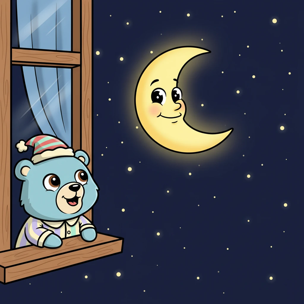He peeks out his window, where the night sky sparkles brightly. Countless tiny stars twinkle like scattered diamonds. A big, friendly moon smiles down from above.