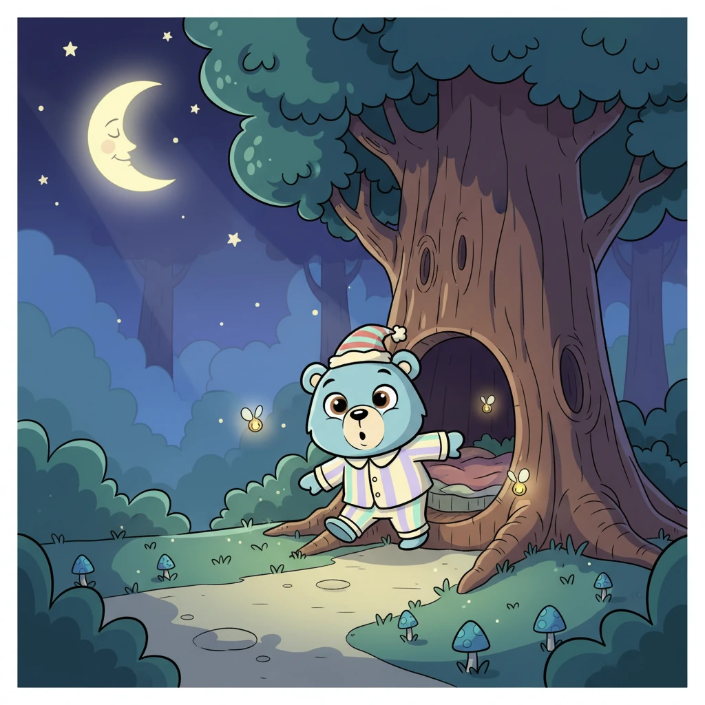 Barnaby quietly slips out of bed, deciding a gentle walk might help him drift off. The forest path outside his den is bathed in soft, silvery moonlight.