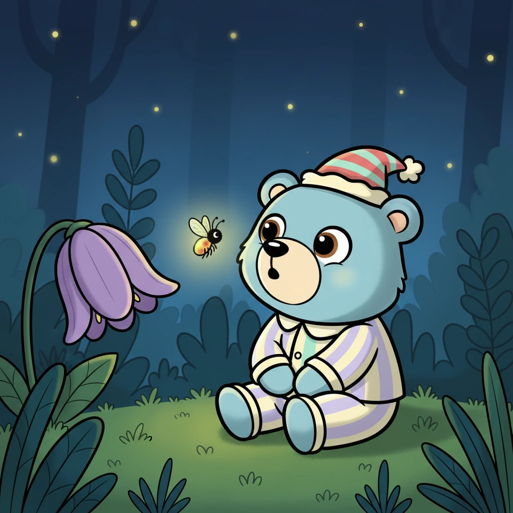 A tiny, glowing firefly dances gracefully near a sleepy purple flower. It blinks its light on and off, a silent, comforting signal in the night. Barnaby watches, mesmerized by its soft glow.