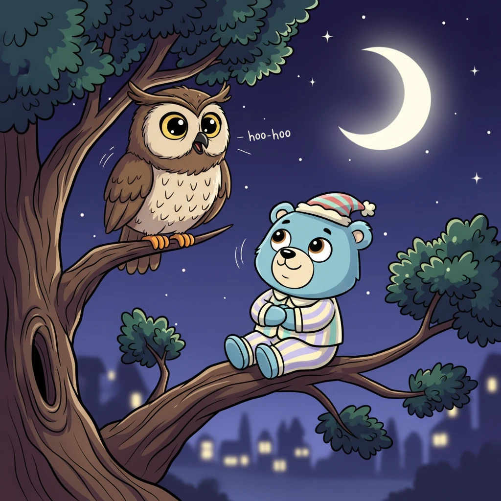 From high in a tall oak tree, a wise old owl hoots softly. "Hoo-hoo," it whispers, a gentle lullaby for the peaceful night. Barnaby feels a wave of calm wash over him.