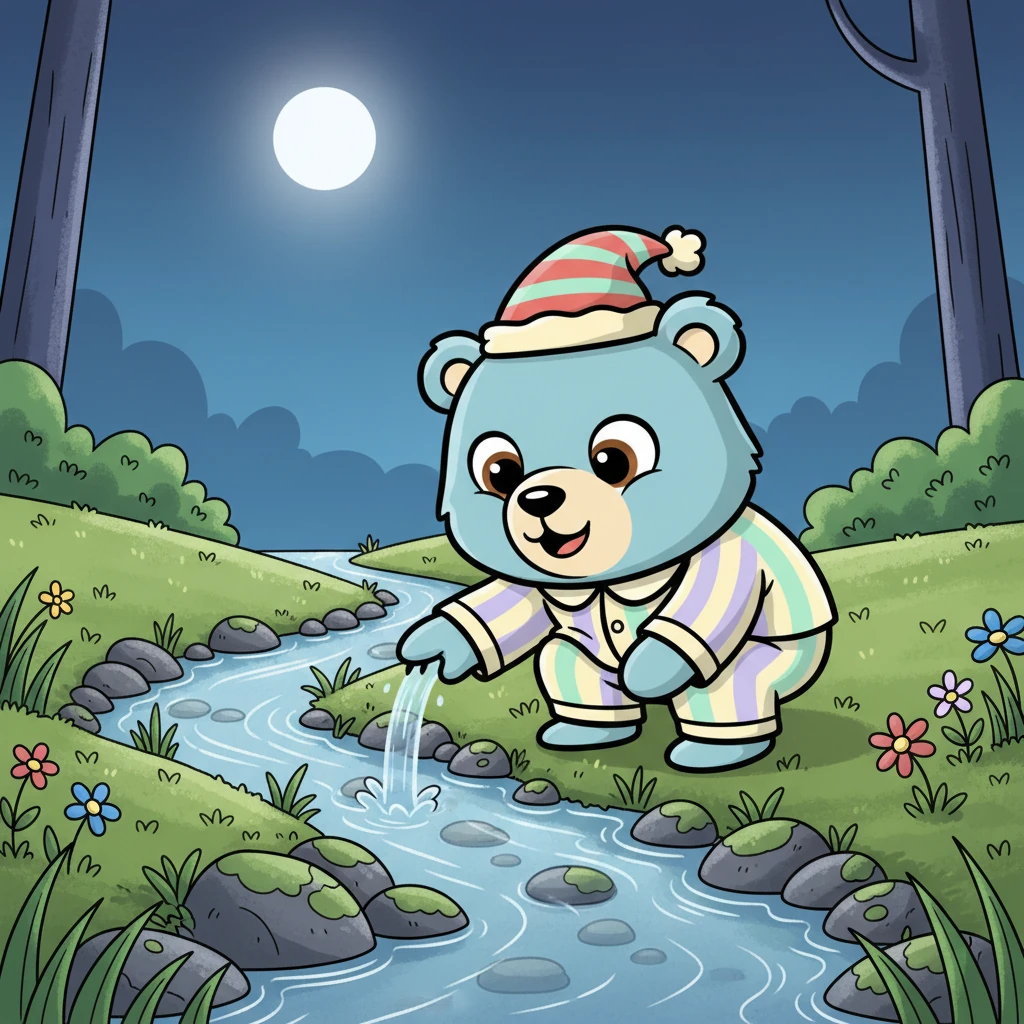 He finds a small, babbling brook winding through smooth, mossy stones. The water glides along, making a soft, shushing sound. It looks like a ribbon of silver under the moon's light.