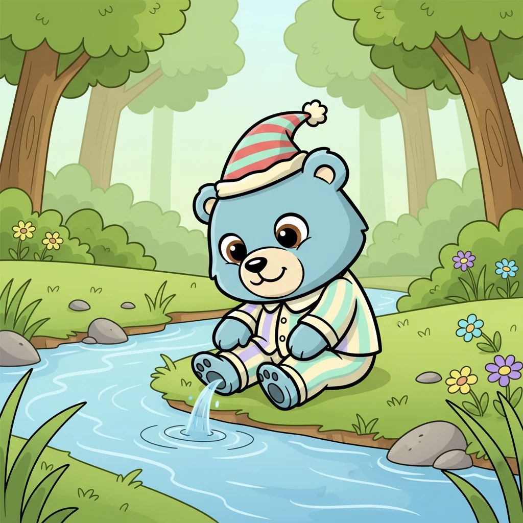 Barnaby sits by the stream, dipping one soft paw into the cool water. He watches the tiny ripples spread out and then quietly disappear. The gentle flow feels so soothing.
